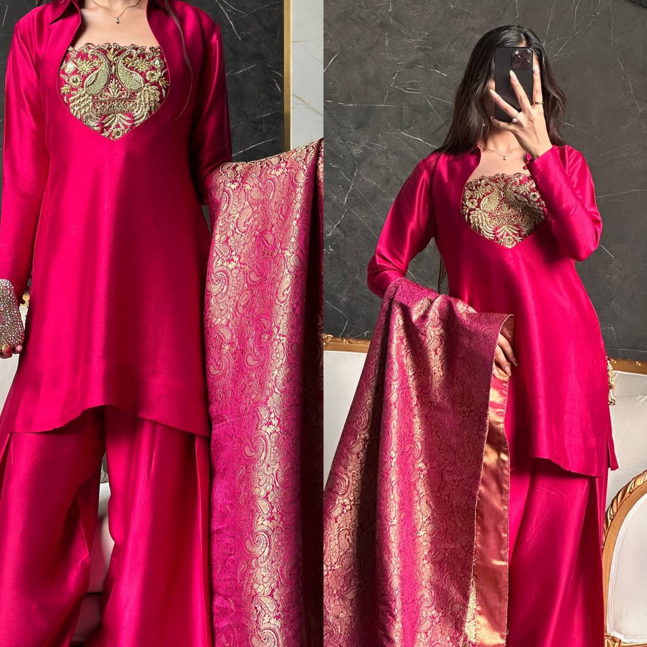 Regal Pink Peacock-Embellished Gala Suit